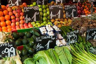Fresh fruits and veggies in a marketplace